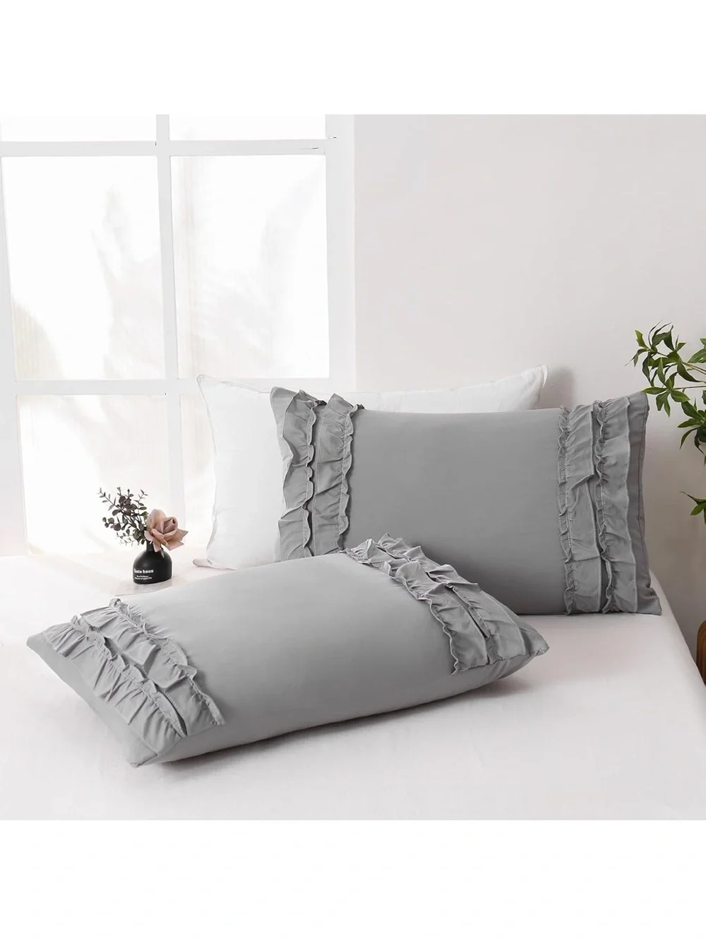 Grey Ruffle Pillow Shams,Queen Size Pillowcase Set Of 2,20x30 2367/bb8-1